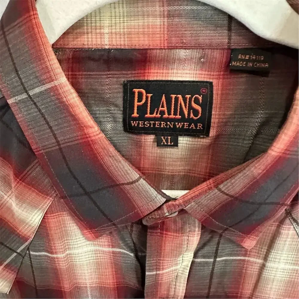 Plains Western Wear Men's XL Red Plaid Pearl Snap Shirt Short Sleeve‎ - VINTAGE - Picture 4 of 8